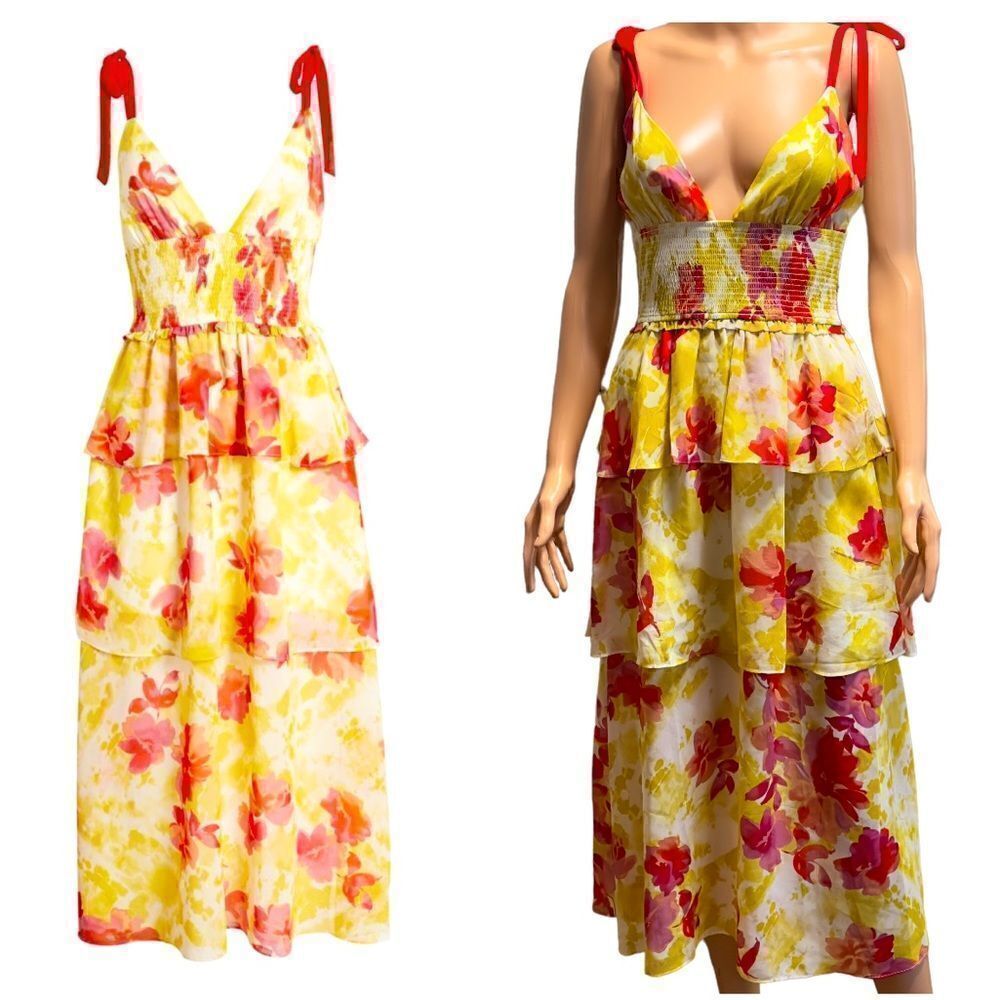 4SI3NNA Tiered Floral Midi Dress SMALL